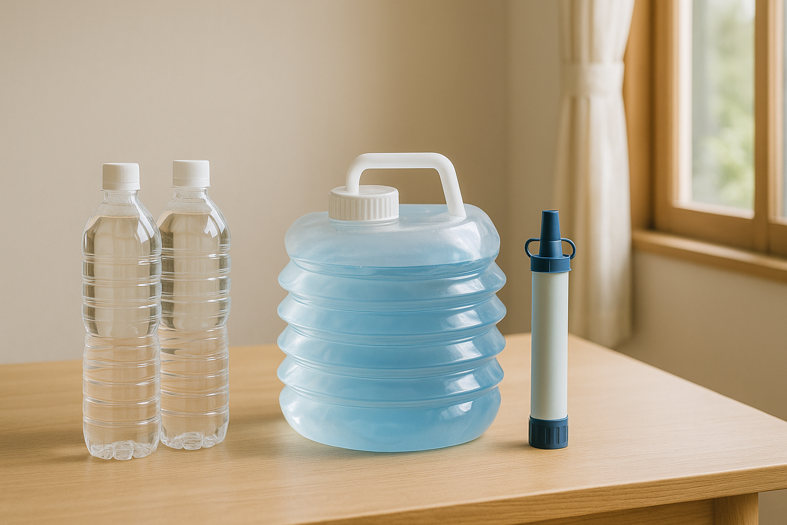 防災用の飲料水、給水バッグ、携帯浄水器が並ぶ備蓄シーン